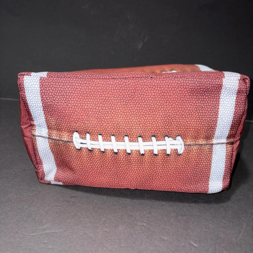 Football Print Insulated Lunch Bag Brown Sports Tailgate Cooler Zippered Case